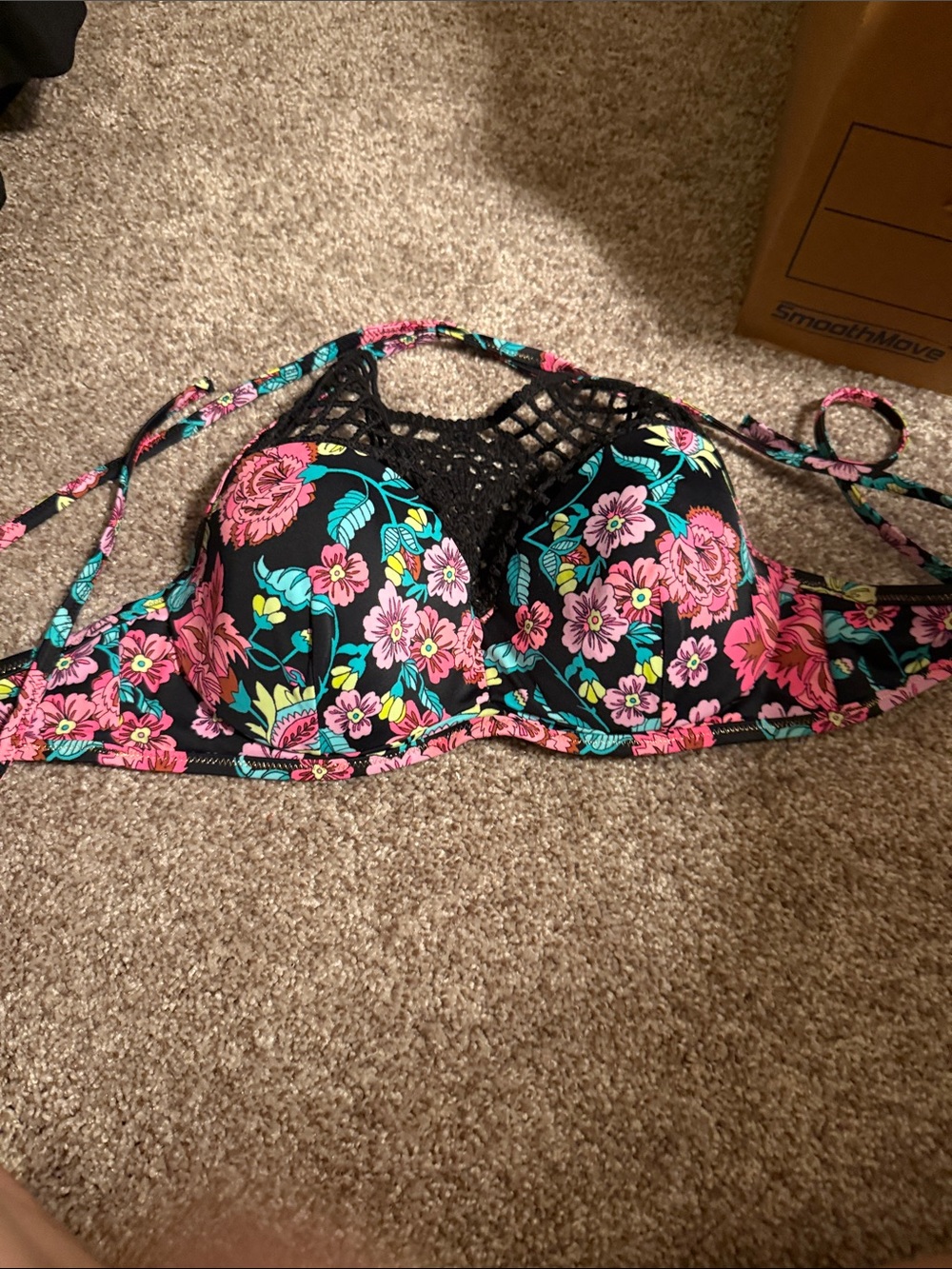 Women’s Floral Black Halter Bikini Top - Pink & Teal